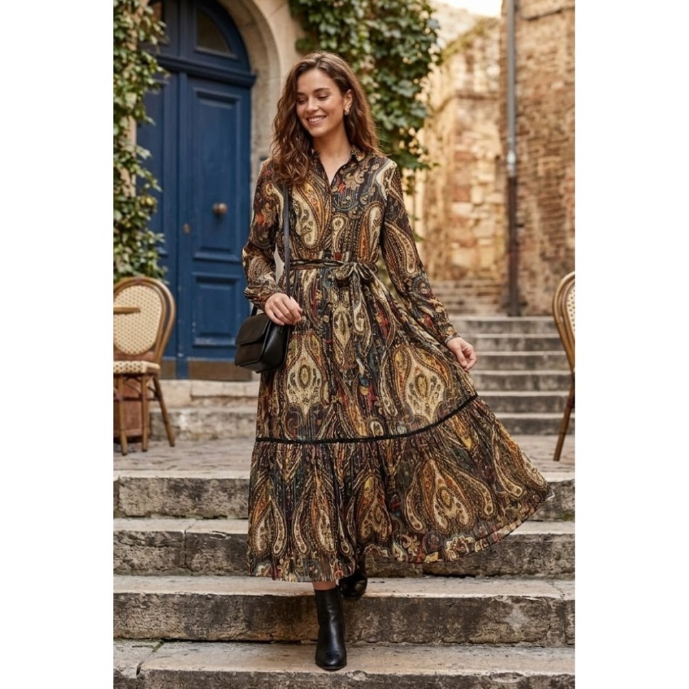 Zara Metallic Paisley Tiered Maxi Dress Gold Lurex Boho Button Front